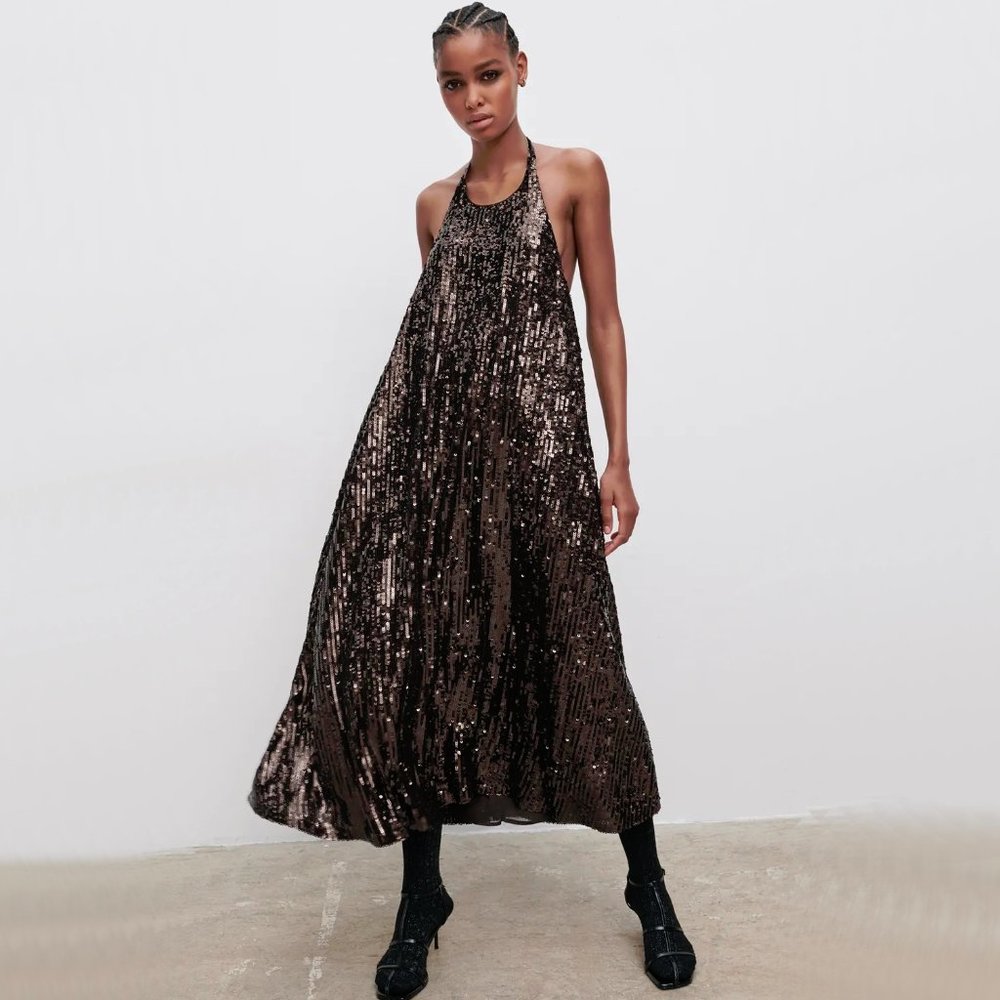 Zara rich brown sequin halter long dress, S